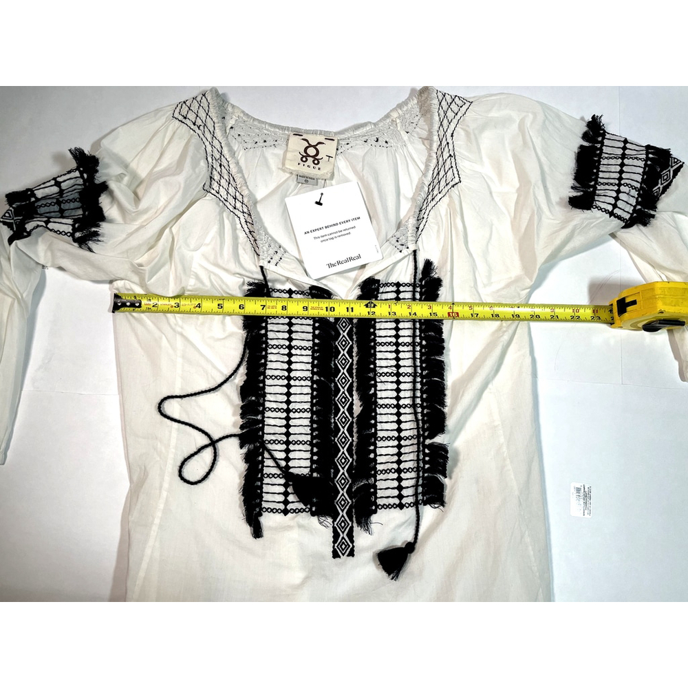 Figue Embroidered Peasant Blouse Womens Medium White Black Boho Tassel Top India - Picture 9 of 13